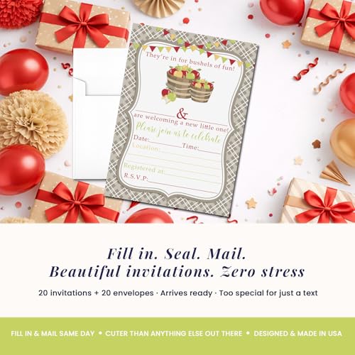 Bushels of Fun Apple Baby Shower Invitations, 20 5x7 Fill In Cards with Twenty White Envelopes by AmandaCreation™ - style: Bushels of Fun Apple