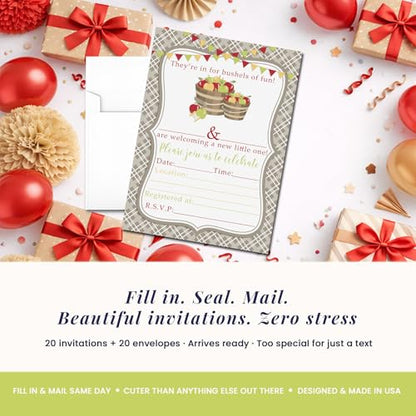 Bushels of Fun Apple Baby Shower Invitations, 20 5x7 Fill In Cards with Twenty White Envelopes by AmandaCreation™ - style: Bushels of Fun Apple