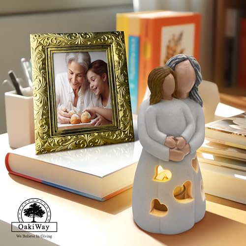 Hand-Painted Grandma-Granddaughter Candle Holder Statue Gift, with Flickering LED Candle | Gigi Grandmother Birthday Gift, Unique Nana Present Ideas for Christmas, Greeting Card Included - color: Grandma & Granddaughter (Light Brown)