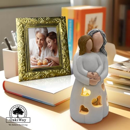 Hand-Painted Grandma-Granddaughter Candle Holder Statue Gift, with Flickering LED Candle | Gigi Grandmother Birthday Gift, Unique Nana Present Ideas for Christmas, Greeting Card Included - color: Grandma & Granddaughter (Light Brown)
