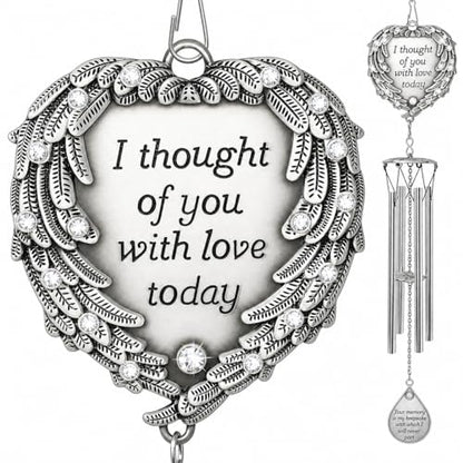 Memorial Wind Chimes Outdoor – Sympathy Gift Loss of Loved One – I Thought of You with Love Today Poem – Angel Wings Heart Teardrop Charm – in Loving Memory Wind Chime - 23 Inch