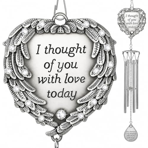 Memorial Wind Chimes Outdoor – Sympathy Gift Loss of Loved One – I Thought of You with Love Today Poem – Angel Wings Heart Teardrop Charm – in Loving Memory Wind Chime - 23 Inch