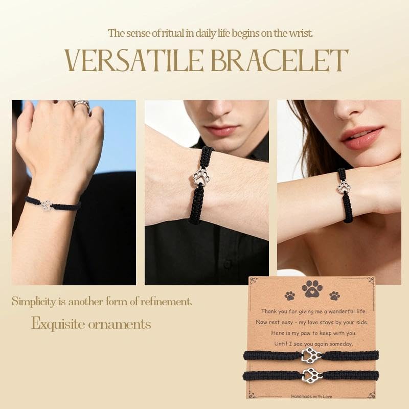 Pet Memorial Gifts for Loss of Dog Cat Paw Print Bracelets for Women Men Pet Sympathy Gift Remembrance Bereavement Gifts Idea - color: Black & Black