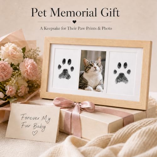 Pet Memorial Photo Frame, No-Mess Paw Print Ink Pad Kit for Dog Cat, Rustic Pet Loss Sympathy Keepsake, Cherish Furry Family Member Memory（Natural Wood） - color: natural wood