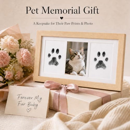 Pet Memorial Photo Frame, No-Mess Paw Print Ink Pad Kit for Dog Cat, Rustic Pet Loss Sympathy Keepsake, Cherish Furry Family Member Memory（Natural Wood） - color: natural wood