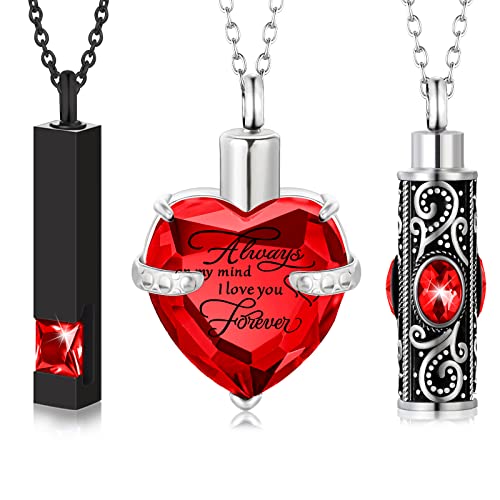 MTLEE 3 Pieces Cremation Urn Necklace for Ashes Vertical Bar Zircon, Heart Crystal Necklace Urn Stainless Steel Waterproof Memorial Pendant - color: Red Zircon