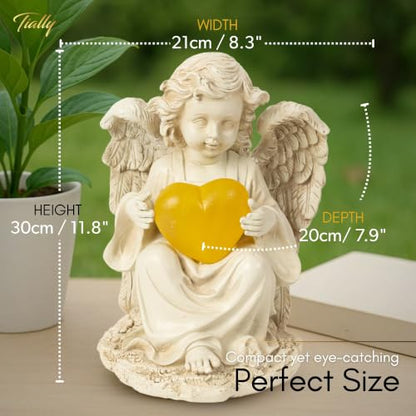 TIALLY Solar Angel Garden Statue with Heart, 12" Memorial Light Up Angel | Glowing Lighted Heart Bright Every Night, Weatherproof Resin Built to Last - a Sympathy Garden Gift for Women, Mom and Dad - size: Large