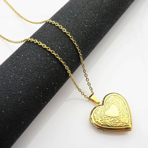 Gold Locket Necklace for Women, Vinatge Heart Oval Butterfly Angel Engraved Pendant that Holds Picture Photo Locket Memorial Necklace Personalized Jewelry Birthday Gifts - color: Heart/Gold