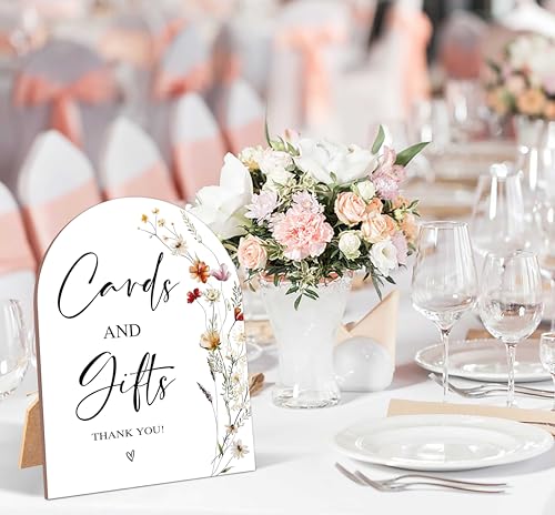Wildflower Cards and Gifts Sign, Wedding Ceremony Signs, 6 x 8 Inch Arch Wooden Tabletop Sign with Stand, Wedding Reception Decoration Supplies (AG01) - color: White