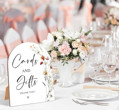 Wildflower Cards and Gifts Sign, Wedding Ceremony Signs, 6 x 8 Inch Arch Wooden Tabletop Sign with Stand, Wedding Reception Decoration Supplies (AG01) - color: White