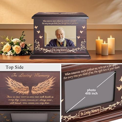 DGDCDV Cremation Urns for Human Ashes Male Female with Photo Frame | Large Wooden Memorial Urns for Adult Woman Men Human Ashes, Decorative Burial Funeral Urns Box and Caskets for Ashes