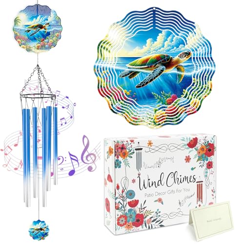 Sea Turtle Wind Chimes for Outside with Wind Spinner, Outdoor Garden Patio Yard Porch Hanging Decor, Turtle Wind Chime with Colorful Gift Box, Birthday Housewarming Gifts for Women Mom - color: Sea Turtle
