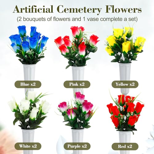 Tigeen 12 Sets Memorial Day Cemetery Flowers Bulk with Grave Vase 24 Bunches Artificial Memorial Flowers for Grave 168 Heads Silk Roses Flower Bouquets for Graveside Tombstone Headstone