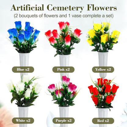 Tigeen 12 Sets Memorial Day Cemetery Flowers Bulk with Grave Vase 24 Bunches Artificial Memorial Flowers for Grave 168 Heads Silk Roses Flower Bouquets for Graveside Tombstone Headstone