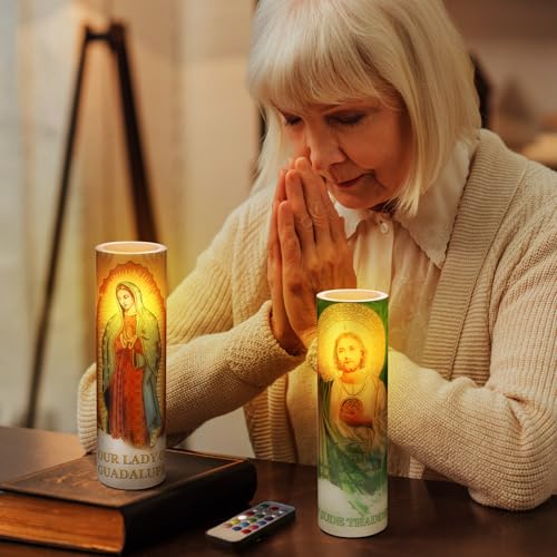 Landhoow 2 Pcs Religious Flameless LED Prayer Candle Real Wax Baptism Candle Set Our Lady of Guadalupe and St. Jude Battery Operated Candles with Remote Control - style: Our Lady of Guadalupe and St. Jude