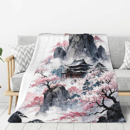 Japanese Ink Painting Throw Blanket, Flannel Blankets for Couch 50"×60" - color: Japanese Ink Painting