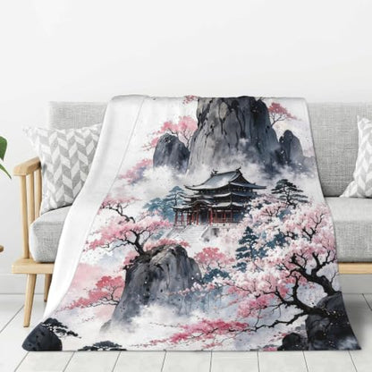 Japanese Ink Painting Throw Blanket, Flannel Blankets for Couch 50"×60" - color: Japanese Ink Painting