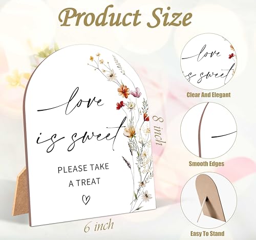 Wildflower Love is Sweet Sign, Wedding Ceremony Signs, 6 x 8 Inch Arch Wooden Tabletop Sign with Stand, Wedding Reception Decoration Supplies (AG05) - color: Love is Sweet