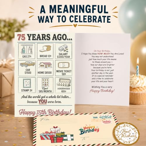 75th Birthday Card, 75th Birthday Cards for Women Men with Seal and Envelope, 75 Birthdayy Card for Mom Dad Grandma Grandpa Friend from Daughter Son Grandson Granddaughter - color: 75th