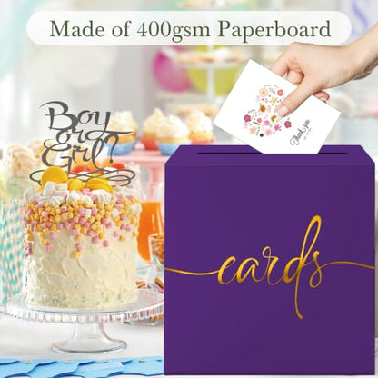 Purple Card Box with Gold Foil Design, Paperboard 8.7" Gift Card Holder for Wedding Graduation Birthday Party Reception Retirement Anniversary Bridal & Baby Shower - color: Purple Card Box with Gold Foil, size: 8.7×8.7×8.7Inch(1 Pack)