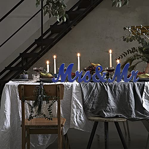 Mr & Mrs Signs Table Decor: Rustic Wooden Freestanding Letters - Wedding & Anniversary Props (Navy Blue) - color: Navy blue