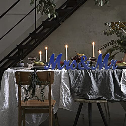 Mr & Mrs Signs Table Decor: Rustic Wooden Freestanding Letters - Wedding & Anniversary Props (Navy Blue) - color: Navy blue