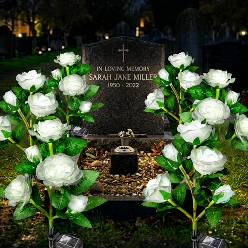 Anordsem Solar Garden Lights Outdoor: Waterproof Fabric Roses - Red LED Flower Decorations for Yard Patio Path Cemetery Grave - Birthday Gifts for Women Mom Wife - 6 Pack White - color: White, size: 6 Pack