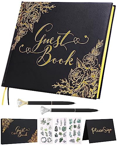 Black Wedding Guest Book, Guest Book Wedding Reception with Pens, 9x7'' | Personalized Wedding Guestbook Photo Album Sign in Book, Gold Foil Hardcover & Gilded Edges, For Weddings Baby Shower Party - color: Black