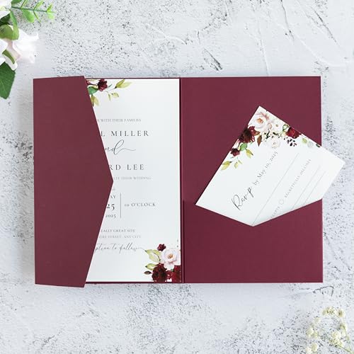 20 PCS Burgundy Tri-fold Laser Cut Wedding Invitation Pockets for 5x7 Wedding Cards Bridal Shower Engagement Quinceanera Invitation - color: Burgundy