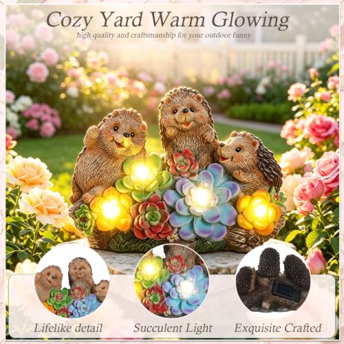 Hedgehog Solar Garden Statues with Succulent Animal Figurines - color: Brown-hedgehog03