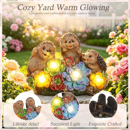 Hedgehog Solar Garden Statues with Succulent Animal Figurines - color: Brown-hedgehog03