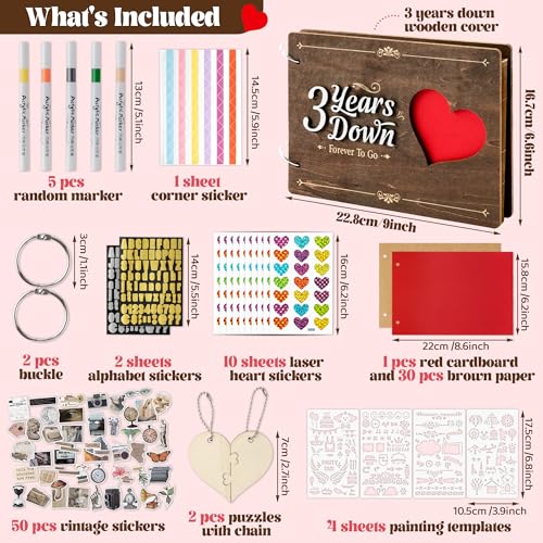 CY2SIDE 3 Years Anniversary Couple Scrapbook - 111PCS 3 Years Down Wooden Photo Album Scrapbook Craft Kit with Heart Puzzle Brown Paper Sticker and Template for DIY Dating Gift for Him Her - style: 3 Years Couple