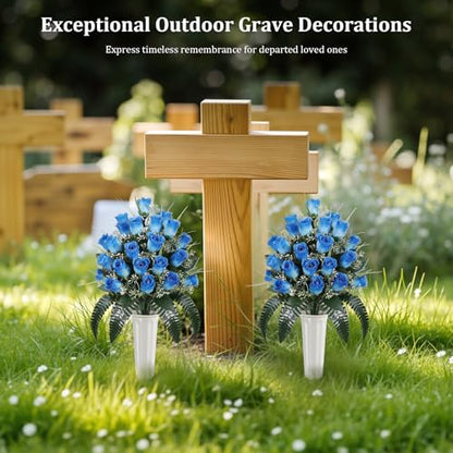 Lewondr Artificial Cemetery Flowers with Vase for Grave, Blue Roses, 2 Pack - color: Blue