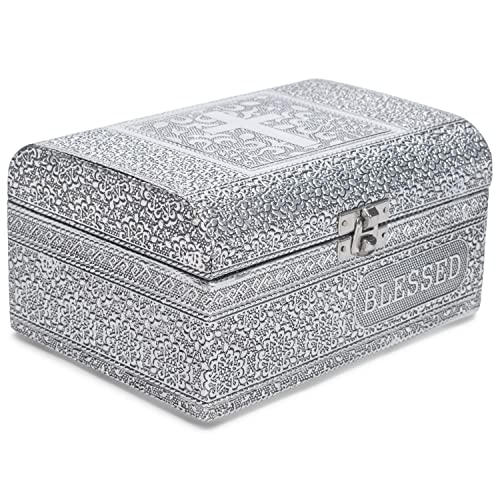 Cottage Garden Blessed Silver Tone Metal Stamped Round Top Trunk Keepsake Box - color: Silver Tone, style: Blessed