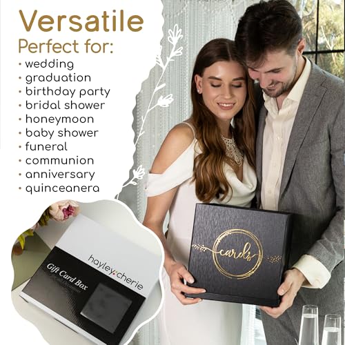 Black & Gold Card Box, Large 10x10 Gift Card Box Envelope Holder with Slot | Wedding Reception, Graduation Party, Funeral Memorial, Birthday, Bridal & Baby Shower, Retirement, Donation Basket, Money