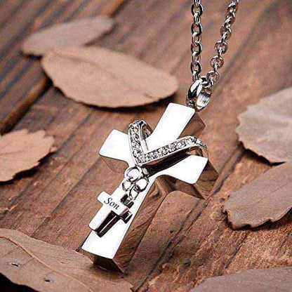Cross Urn Necklaces for Ashes Cremation Crucifix Keepsake Memorial Pendant Necklace - style: Son