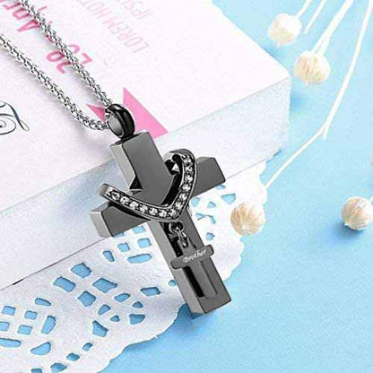 Black Cross Urn Necklaces for Ashes Cremation Crucifix Keepsake Memorial Pendant Necklace - style: Brother