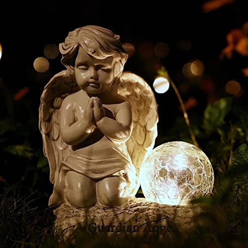Angel Decor Praying Cherubs Statue, Garden Decor with Solar Crackle Glass Globe for Lawn Patio Decorations - style: Modern