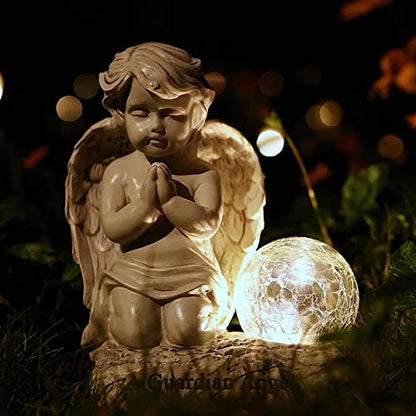 Angel Decor Praying Cherubs Statue, Garden Decor with Solar Crackle Glass Globe for Lawn Patio Decorations - style: Modern