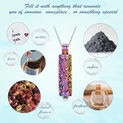 Tree of Life Urn Necklace for Women Men Cylinder Bar Memorial Ash Pendant | Tree of Life Cremation Jewelry,Stainless Steel Keepsakes Necklaces,Vial Ashes Pendant - color: Rainbow