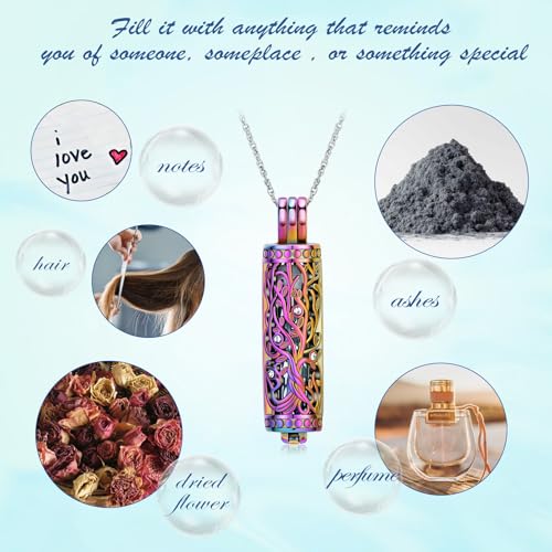 Tree of Life Urn Necklace for Women Men Cylinder Bar Memorial Ash Pendant | Tree of Life Cremation Jewelry,Stainless Steel Keepsakes Necklaces,Vial Ashes Pendant - color: Rainbow