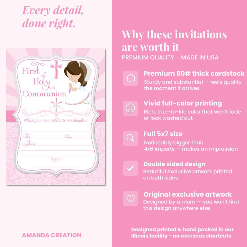 First Holy Communion Religious Party Invitations for Girls (Light Skin, Brown Hair), 20 5x7 Fill In Cards with Twenty White Envelopes by AmandaCreation - style: Light Skin, Brown Hair Girl