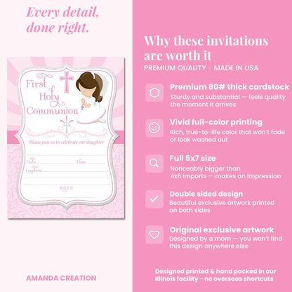 First Holy Communion Religious Party Invitations for Girls (Light Skin, Brown Hair), 20 5x7 Fill In Cards with Twenty White Envelopes by AmandaCreation - style: Light Skin, Brown Hair Girl