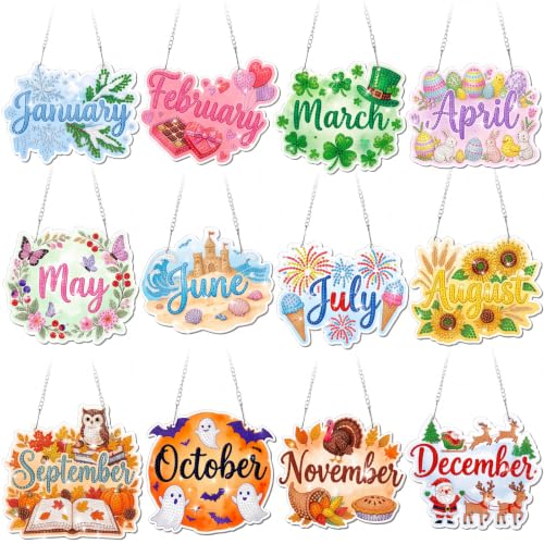 Cinnvoice Seasonal Diamond Art Hanging Kit,12 Pcs,12 Month | Holiday Diamond Art Wreath Ornament, Month Gem Hanging Sign, Festival Crystal Suncatcher, for Door Window Wall Home Decor - style: 12 Month
