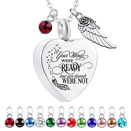 God has You in his arms with Angel Wing Charm Cremation Ashes Jewelry Keepsake Memorial Urn Necklace with Birthstone Crystal - color: Little bird + Your +Angel Wing&12 Pcs Birthstone