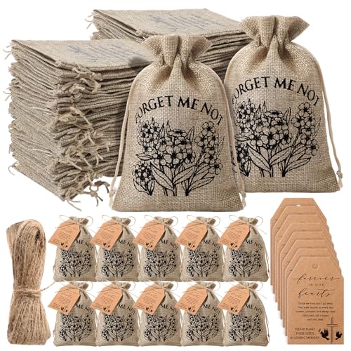 Tanlade 50 Sets Funeral Favor Burlap Bag, Tag and Twine, No Seed, Forget - style: Forget