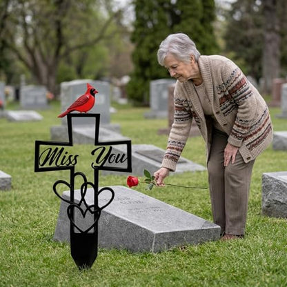 Miss You Cross with Cardinal, Metal Cemetery Memorial Plaque for Remembrance, Decorative Cemetery Stake with Heart and Cross Design, 6x12 Inch Outdoor Memorial Plaque for Graves and Gardens