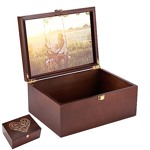 Larger Wooden Memory Keepsake Box with Hinged Lid & 8x10 Photo Frame Inside Lid – Decorative Storage Box With a Hinge Lids for Pictures, Letters & Time Capsule – Wooden Gift Box, 5.3” x 8.6” x 11.7” - color: Brown
