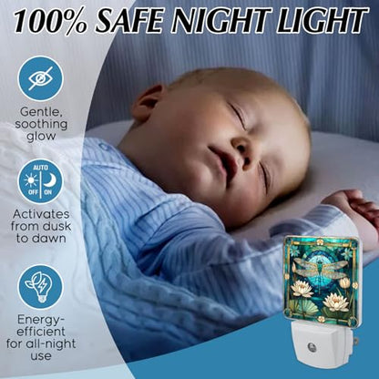 Dragonfly & Flowers Stained Glass Night Lights Plug into Wall for Room, Dragonfly & Flowers Night Light LED for Bedroom - color: Dragonfly & Flowers