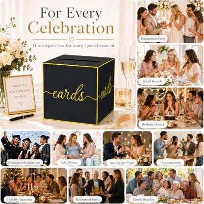 Black and Gold Foil Card Box for Birthday Parties, Graduation and Wedding | Collect Cards and Envelopes in One Place with an 8.7 Inch Cube, Wide Top Slot and Black Gold Foil Design - color: Black Gold